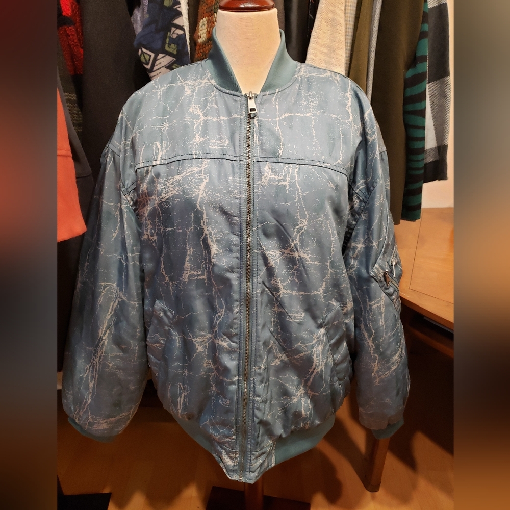 BDG Teal Abstract Print Zipper Front Bomber Jacket size large